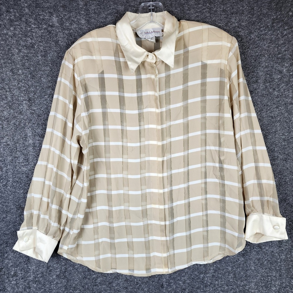 Nygard Collection Blouse Womens 12P Tan White Gold Grid Metallic Satin Trim